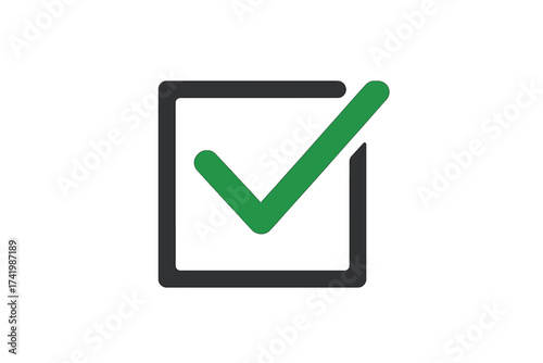 Green check mark in box icon. Tick symbol. Correct, approved, done concepts. Yes button for vote or survey. Task completed or finished. Quality control and verification sign.