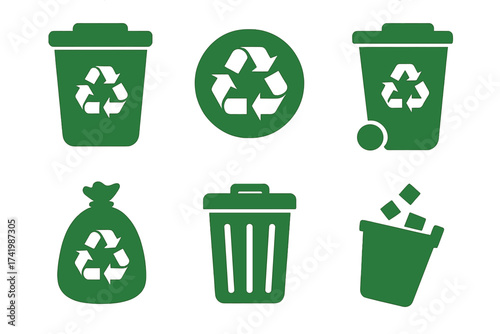 Green recycle bin icon set for waste management and ecology. Vector collection of trash can, garbage bag, and recycling symbols. Environmental conservation and sustainability concept.