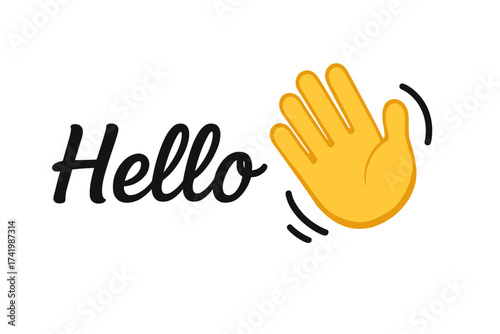 Hello script text with a waving hand emoji icon. Vector graphic for saying hi. Concept of a friendly greeting, welcome, introduction, and positive communication sign.
