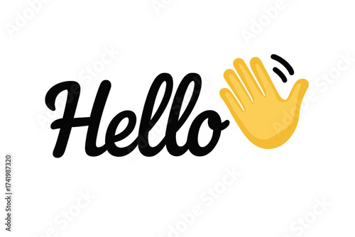 Hello text with waving hand emoji icon. Welcome greeting gesture. Friendly communication symbol. Hi sign for chat, message or web. Simple vector illustration isolated concept.