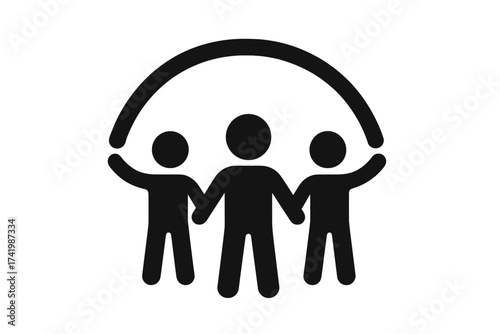 Teamwork concept icon with three people holding hands under a protective arc, collaborative unity illustration, togetherness symbol, partnership and support in business and community