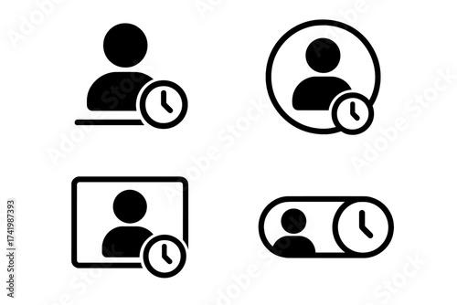 User account awaiting moderation icon set, vector illustration with clock symbol, transparent background, user profile with waiting time, online moderation pending, profile time status symbols