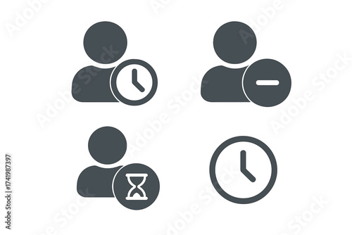 User account waiting for moderation icons set. Vector illustration of user profile with clock, hourglass, and minus symbol, transparent background, ordered set for interface design