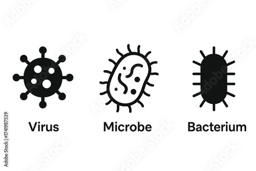 Virus microbe bacterium icons set in unique designs, vector illustration with transparent background, infectious microorganism symbols, ordered pathogens collection for health and science