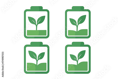 Green energy battery icon with growing plant silhouette. Eco power symbol vector illustration. Sustainable energy concept, renewable natural power, eco-friendly energy design.
