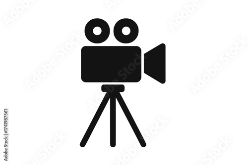 Video camera with tripod icon, black silhouette vector illustration, professional filmmaking equipment symbol, digital cinema, movie production gear isolated on transparent background