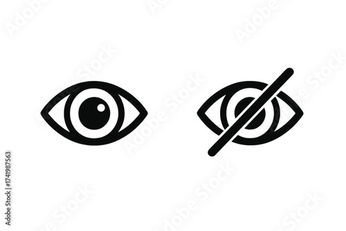 Hide and show vector eye icon set. Visible and invisible symbol. View and no view sign. Privacy, censorship, sensitive content concept. Password visibility toggle button.
