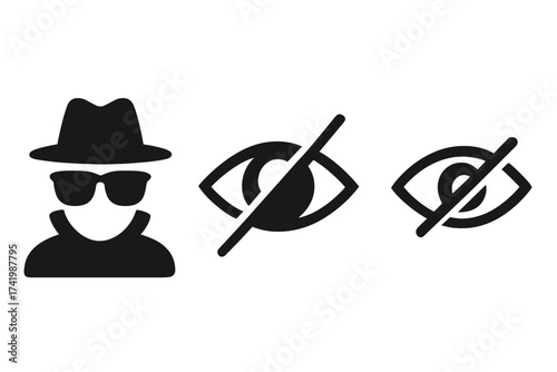 Privacy icon set. Incognito mode pictogram, anonymous user. Crossed-out eye symbol for hidden content, invisible, or sensitive data. Spy agent, security vector collection.