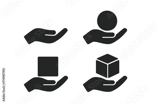 Hand holding object icon set. Handle with care symbol. Vector graphic for concepts like receiving, giving, charity, support, product, packaging, delivery and open hands.