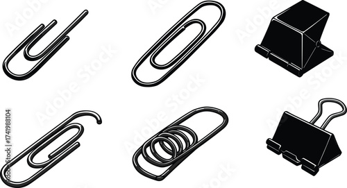 Paperclip, binder clip, office stand, stationery supplies, black icon set, desk tools, school essentials, minimal vector illustration, business accessories, clip art