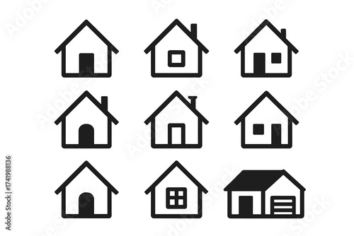 House icons set. Home icon collection. Simple black pictograms for real estate, web design, and UI. Vector building symbols. Minimalist property and architecture graphics.