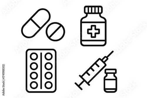 Medicine icon set for medical treatment and healthcare. Vector line art of pills, capsules, drug bottle, blister pack, syringe, and vaccine vial. Pharmacy and pharmaceutical concept.