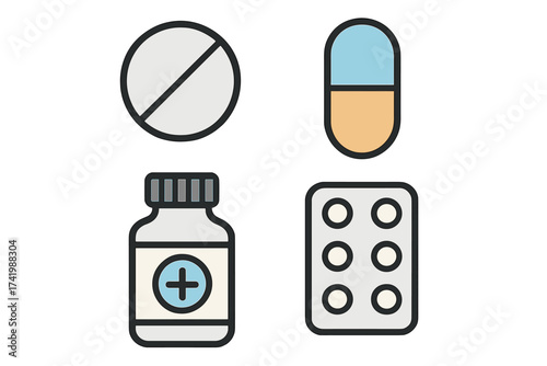Medical icon set for pharmacy and healthcare. Vector illustration of medication, pill, capsule, drug bottle, and blister pack. Treatment and supplement flat design elements.