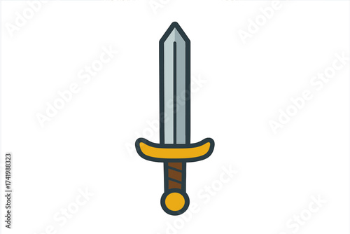Medieval sword icon with silver blade, golden guard and pommel, brown leather handle. Colorful flat vector illustration, transparent background graphic design for medieval weapon concepts.