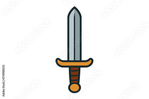 Medieval sword icon vector illustration. Simple flat cartoon graphic for fantasy game asset. Knight weapon, steel blade for battle or history. Dagger symbol for war or combat.