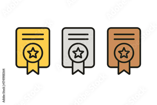 Membership plan icons set with gold, silver, and bronze badges, membership tiers vector illustration, premium, standard, basic subscription awards, transparent background