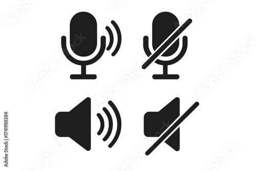 Microphone and speaker sound icon symbol set, audio control vector illustration, black mute and unmute microphone with sound wave, volume on/off icons, transparent background
