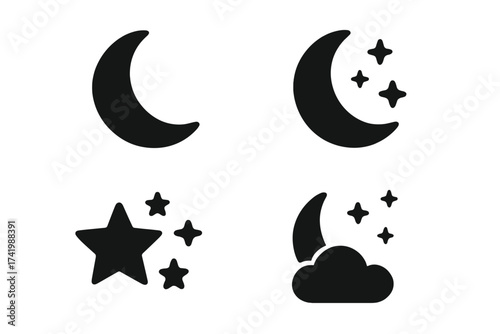Night icons vector set. Moon crescent, stars, cloud and nighttime symbols illustration. Simple black silhouettes with transparent background. Night sky elements collection.