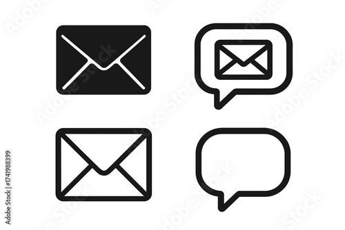 Message icon vector set, envelope and speech bubble symbols with transparent background, communication concept, digital messaging, email and chat interface icons