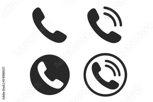 Phone icon set, telephone call symbols, contact us buttons, communication vector illustrations with transparent background, call receiver signs, phone handset icons pack