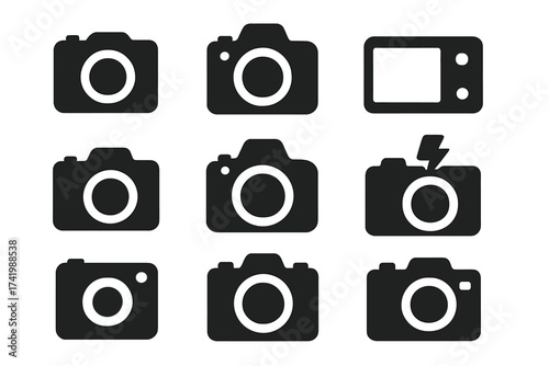 Black photo camera icons set with various photography symbols, vector illustration with transparent background, simple ordered design for photography and media use