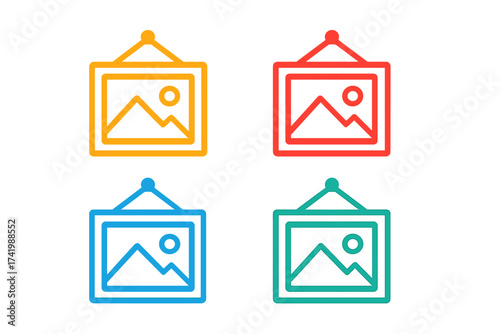 Colorful Picture Frame Icon Set, Hanging Photo Illustration with Transparent Background, Vector Design in Multiple Vibrant Colors, Modern Home Decor and Art Gallery Symbols for Creative Projects