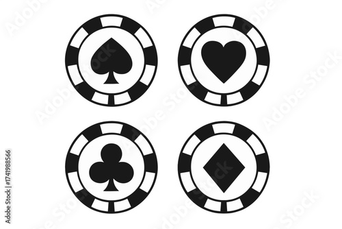 Poker chip icon set with casino card suits symbols, black and white vector illustration, isolated chips with spade, heart, club, diamond shapes, gambling game tokens collection