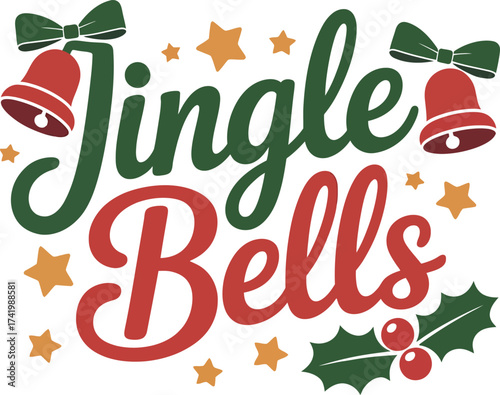 Festive jingle bells typography with holiday decorations on transparent background silhouette