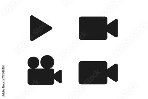 Play video symbol and video camera icon set, vector illustration, transparent background, ordered black silhouette icons, media control, film recording concept