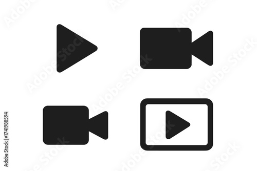 Play video symbol and video camera icon set, black vector illustration collection of play button, camcorder, movie camera, media controls, digital video concepts with transparent background