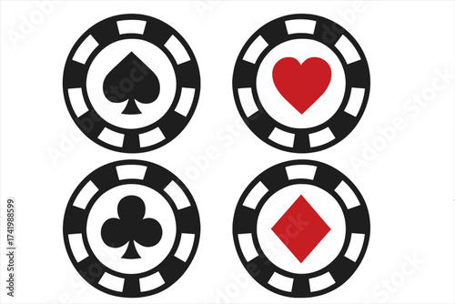 Poker chip icons set with classic card suits symbols, casino gambling tokens, vector illustration with transparent background, ordered collection for gaming design