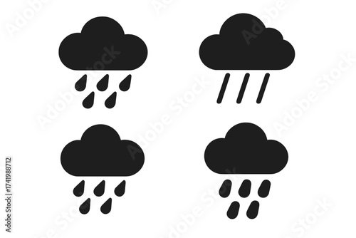 Weather icons set with rainy clouds. Vector illustration of rain drops, heavy rain, drizzle and wet weather symbols in black silhouette with transparent background for digital design.