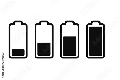 Set of battery charge level indicator icons, vector illustration, transparent background, ordered progressive battery charge symbol collection, energy power status indicators