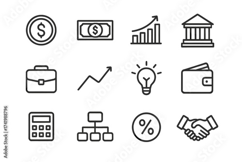 Set of Business and Finance Line Style Icons. Money, Dollar, Banking, Infographic Elements. Vector Illustration with Transparent Background. Business, Finance, Economy, Investment Concept