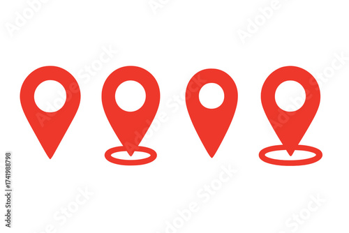 Red location pin icons set, map markers vector illustration with transparent background, modern GPS pointer symbols collection, navigation and geolocation design elements