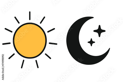 Sun and moon icons vector illustration, day and night symbols, celestial design set with transparent background, weather icons, time of day, nature elements, cosmic sign