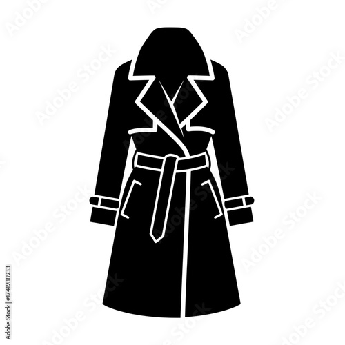 Elegant black trench coat with belt and collar design.