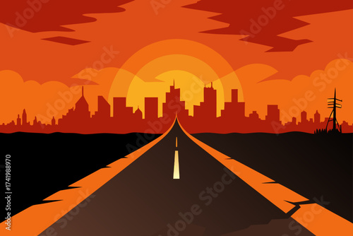 Road leading to the city at sunset with orange sky