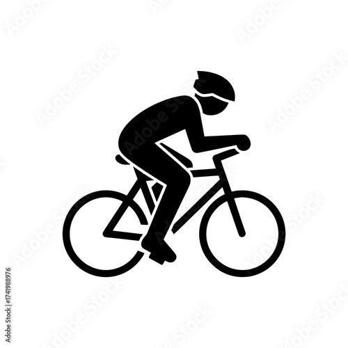 Cyclist riding a bicycle wearing a helmet black silhouette on white background.