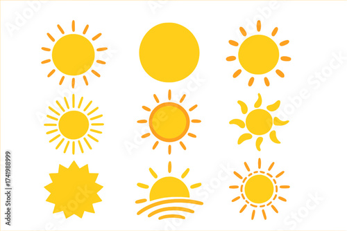 Colorful sun icons set, sunrise and sunny weather vector illustrations with transparent background, bright sun symbols collection, radiant sunlight designs for summer and nature themes