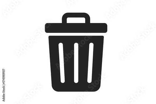 Trash bin icon, garbage can vector illustration with handle and vertical openings, simple black silhouette poster design, waste disposal symbol, clean background