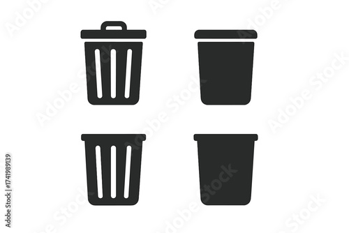 Trash bin icon set vector illustration, black silhouette garbage can symbols with transparent background, simple and modern waste container graphics for recycling, cleanup, disposal design elements