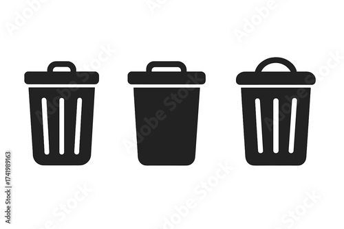 Set of Black Trash Can, Garbage Can, Rubbish Bin Icons, Vector Illustration with Transparent Background, Organized Waste Containers Set, Clean Minimal Design for Recycling and Waste Management