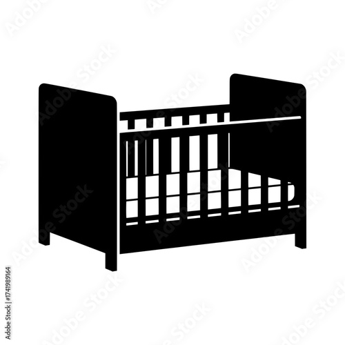 Black and white illustration of a baby crib perfect for nursery decor.