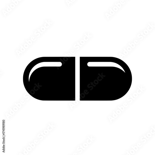 Black capsule medicine icon isolated on white background.
