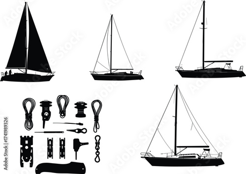 Sailboat silhouettes, sailing hardware icons, pulleys, cleats, winches, shackles, nautical equipment illustration, maritime rigging components, boat design vector artwork