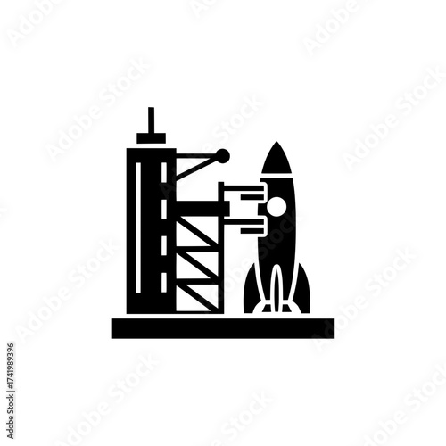 Rocket launch pad with rocket ready for space travel.