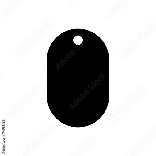 Black dog tag with a hole for a chain simple design isolated on white background.