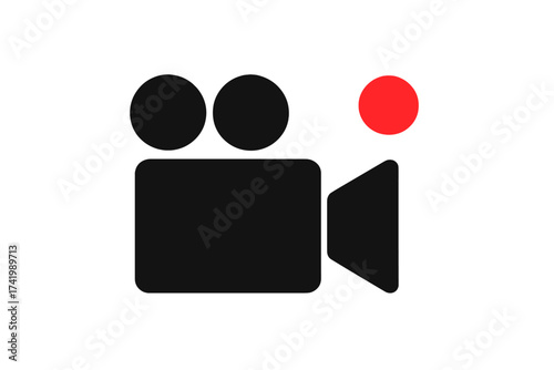 Video camera icon recording symbol, black and red minimalist video camera vector, media recording concept, film camera silhouette with red recording indicator, cinema technology illustration