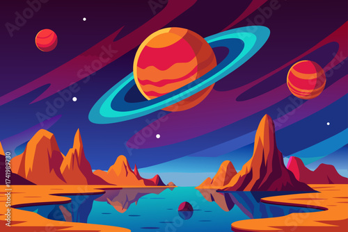 Illustration of a planet landscape with water body